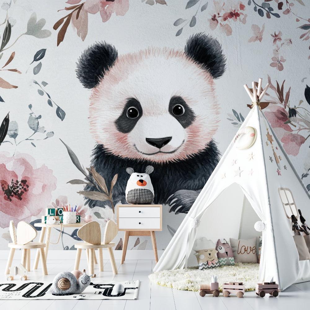 Watercolor panda wall mural brightening a modern playroom space
