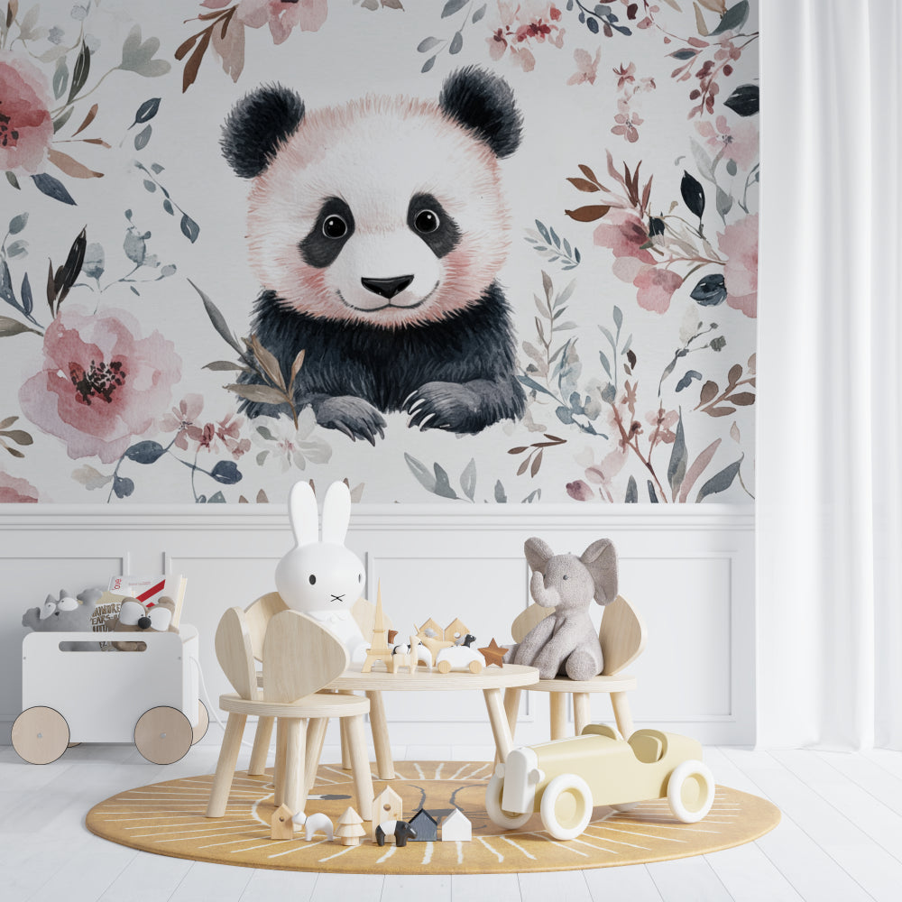 Floral panda wallpaper creating a sweet reading nook in child's bedroom