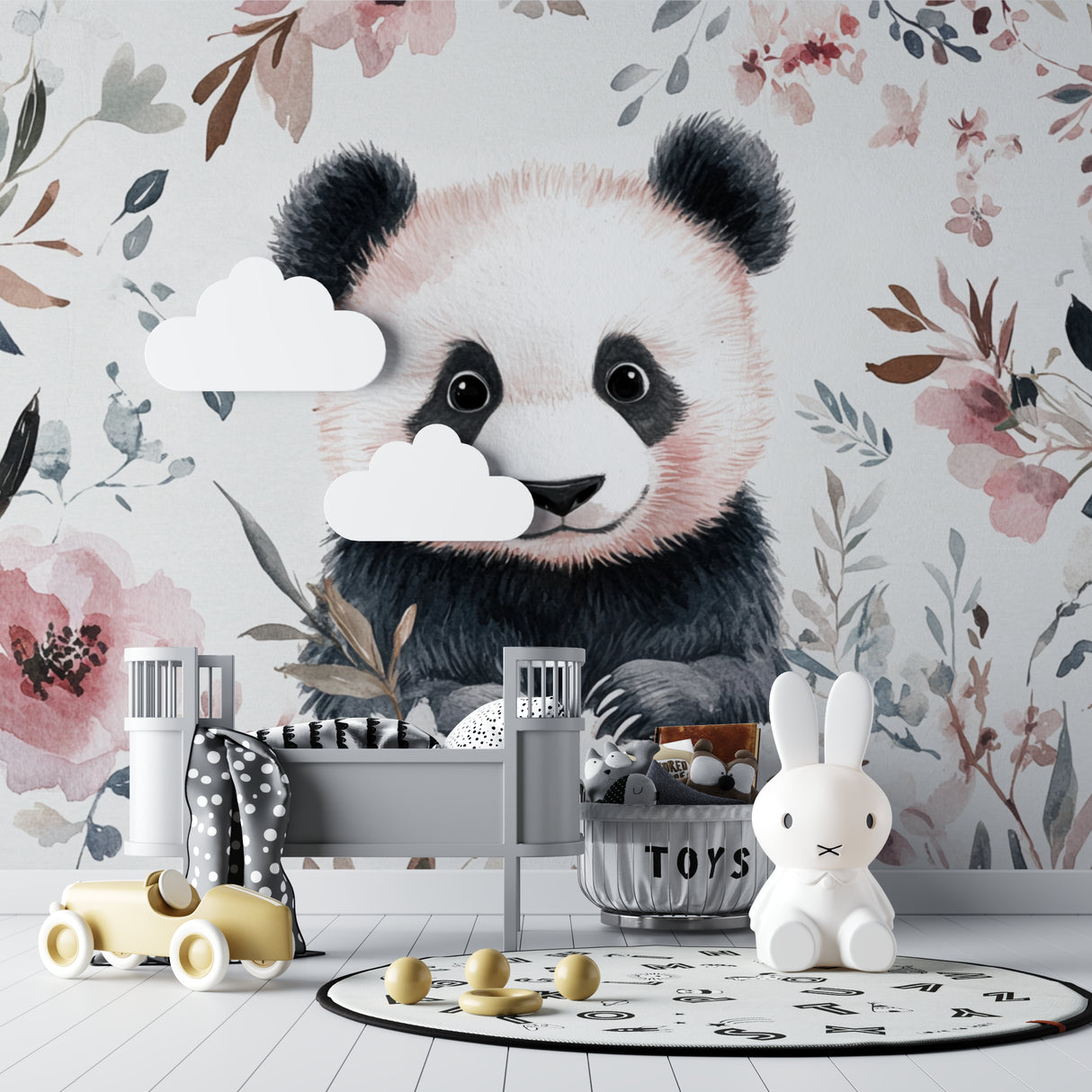 Panda and flowers mural wallpaper in a bright kids study area