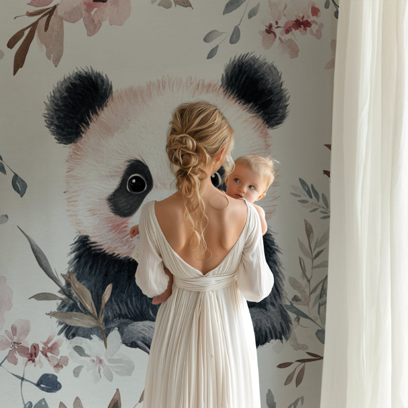 Pink floral panda wallpaper transforming a baby's room