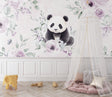 Panda wallpaper mural creating a peaceful sanctuary in a modern nursery with soft lavender accents