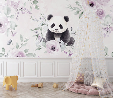 Panda wallpaper mural creating a peaceful sanctuary in a modern nursery with soft lavender accents