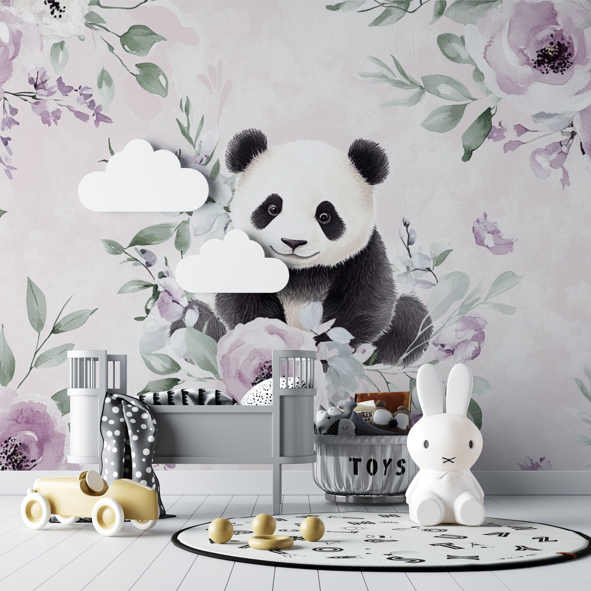Watercolor panda wall mural brightening a child's reading nook with gentle floral details