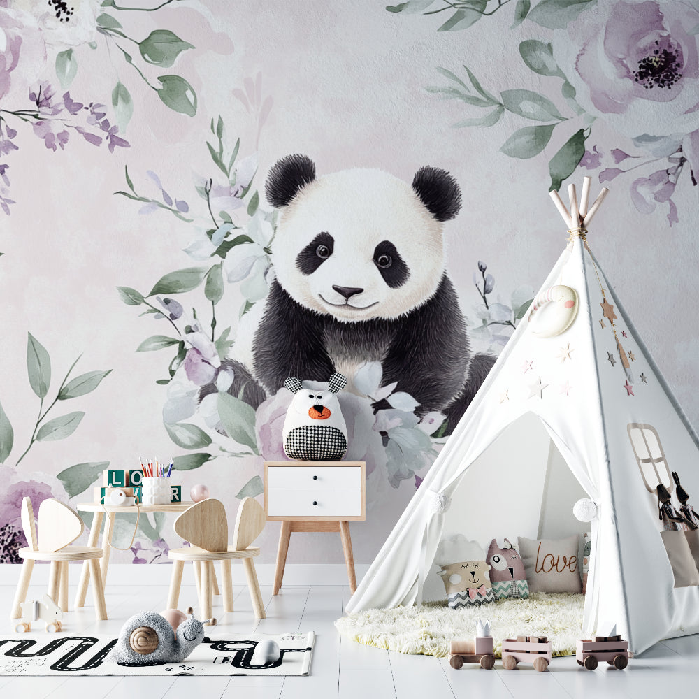 Floral panda wallpaper adding charm to a baby's nursery with rocking chair and soft lighting