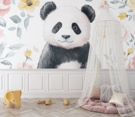 Panda nursery wallpaper in a bright modern nursery with white furniture and soft pink accents