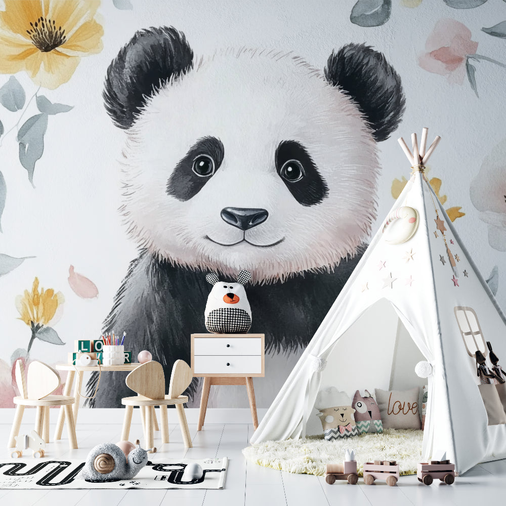 Floral panda wallpaper creating a cozy reading nook in a children's bedroom