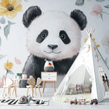 Floral panda wallpaper creating a cozy reading nook in a children's bedroom