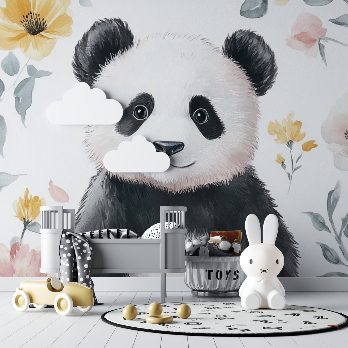 Panda wallpaper design in a girl's bedroom with pastel decorations