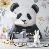 Panda wallpaper design in a girl's bedroom with pastel decorations