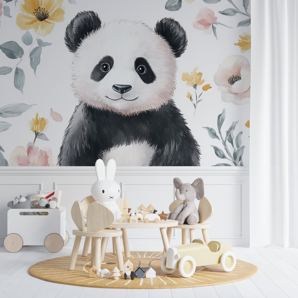 Sweet panda mural adorning a baby's room with minimal decor