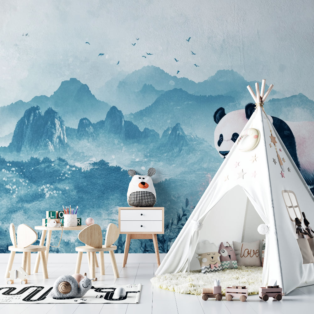 Mountain landscape wallpaper with panda bringing character to a child's reading nook