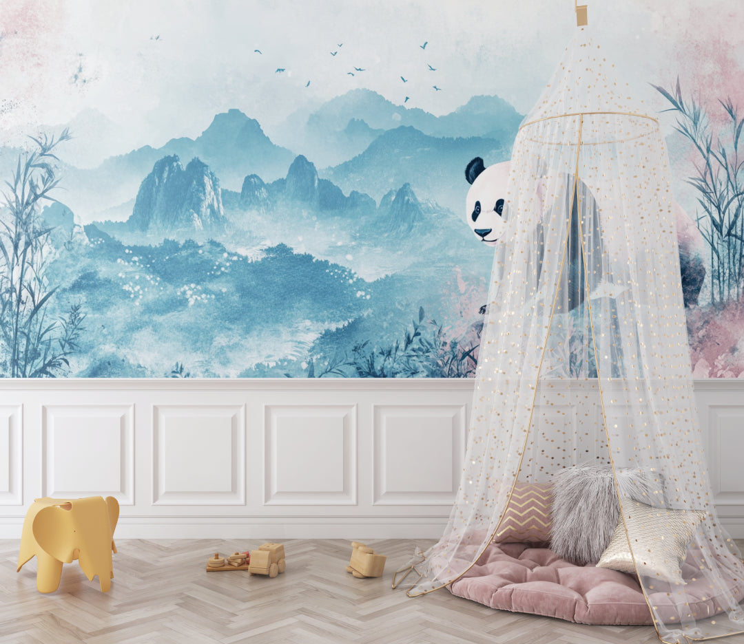 Panda mural wallpaper making a statement in a minimalist playroom setting