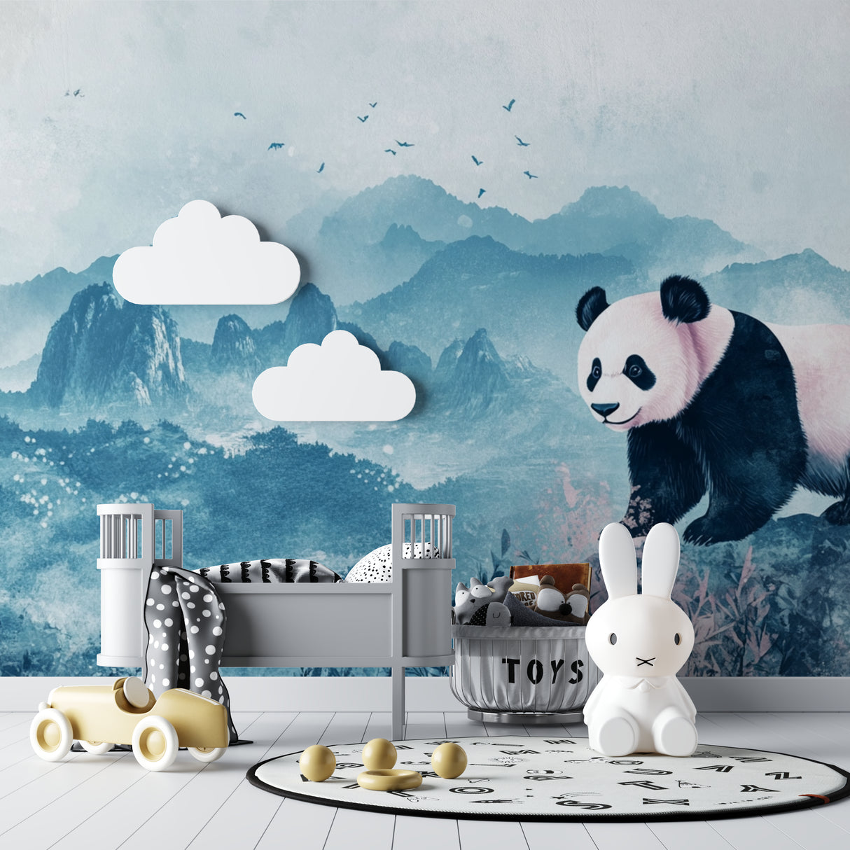 Nature wall mural with panda adding depth to a modern kids study area