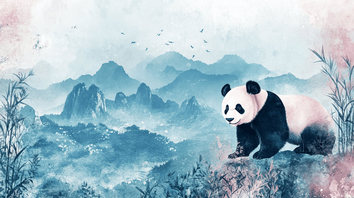 Misty mountain panda design file showing intricate watercolor details and subtle color gradients