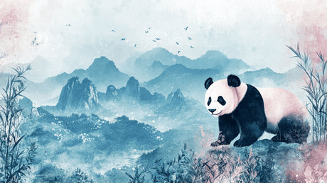 Misty mountain panda design file showing intricate watercolor details and subtle color gradients