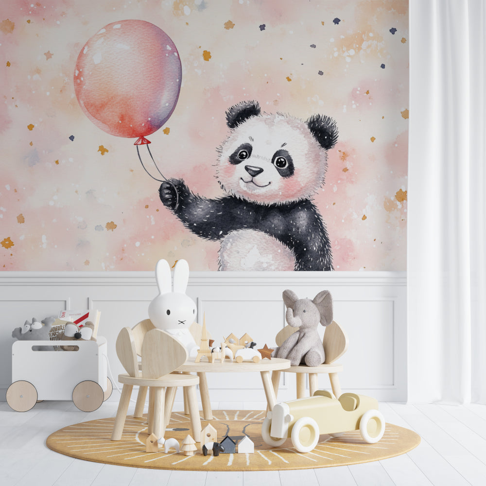 Pink Balloon Panda Mural transforming a playroom with magical touch
