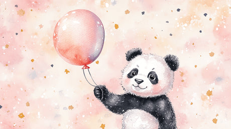 Panda Wallpaper design file showing floating panda with pink balloon and golden stars pattern