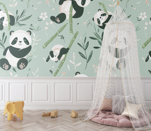 Panda wallpaper creating a cozy atmosphere in a modern nursery with natural light
