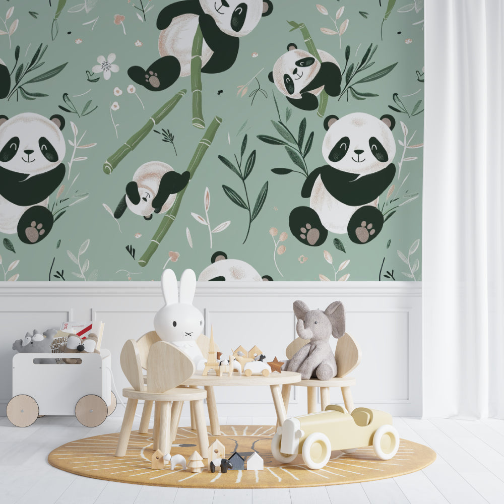 Bamboo forest wallpaper with pandas brightening a reading nook