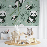 Bamboo forest wallpaper with pandas brightening a reading nook