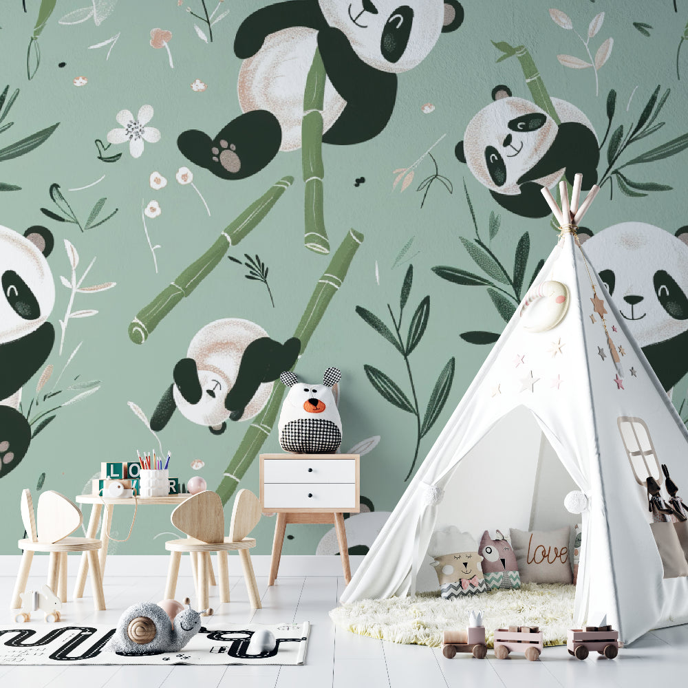 Panda themed playroom featuring wall mural with soft green bamboo design