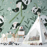 Panda themed playroom featuring wall mural with soft green bamboo design