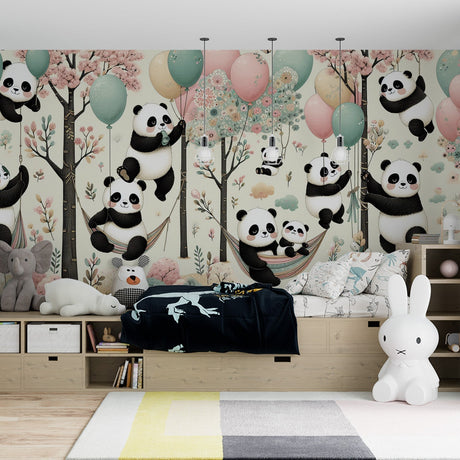 Panda nursery wallpaper with cherry blossoms creating a magical atmosphere in a bright children's bedroom