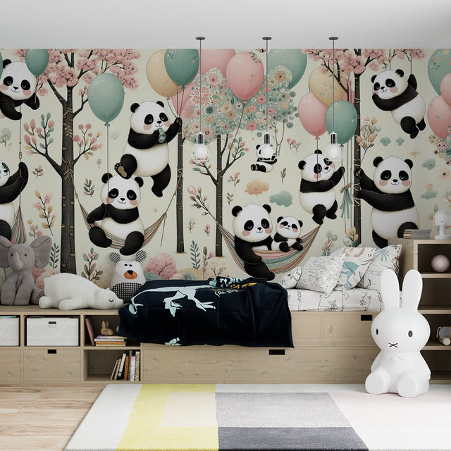 Panda nursery wallpaper with cherry blossoms creating a magical atmosphere in a bright children's bedroom