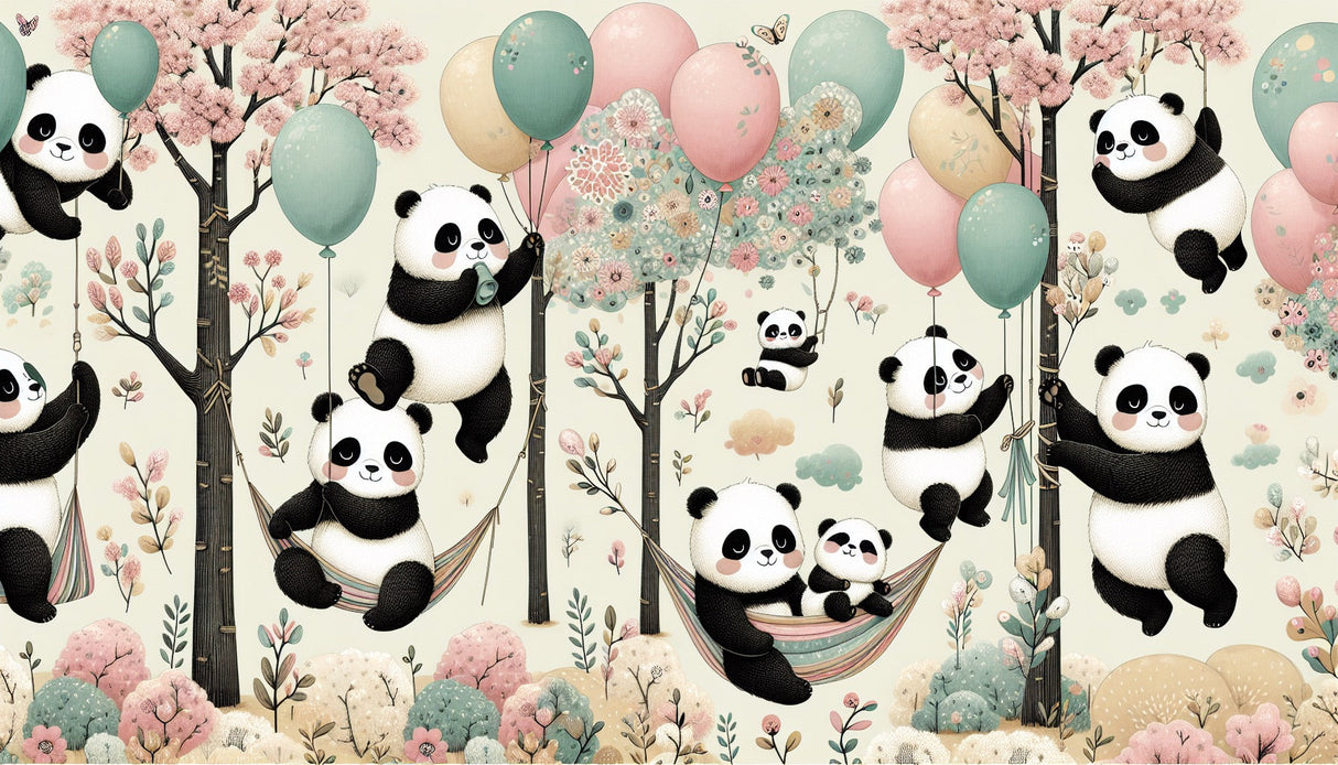 Panda and cherry blossom design file showing sweet pandas playing among pink flowers
