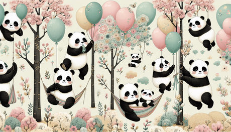 Panda and cherry blossom design file showing sweet pandas playing among pink flowers