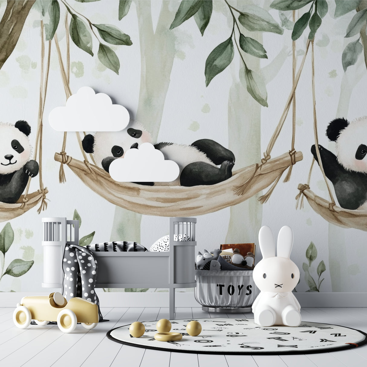 Children's bedroom featuring cute panda wall mural above a reading nook