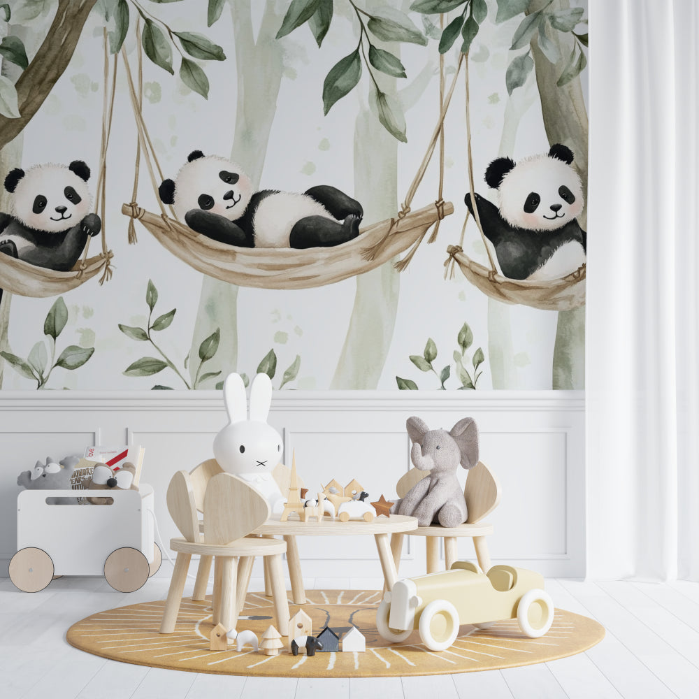 Playroom decorated with panda hammock wallpaper showing scale and full wall coverage