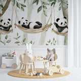 Playroom decorated with panda hammock wallpaper showing scale and full wall coverage