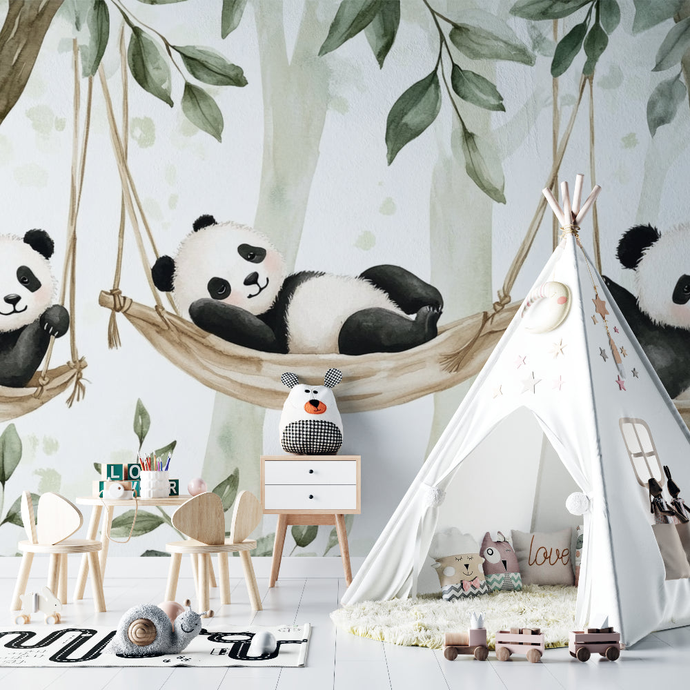 Baby room with green and white panda mural wallpaper creating a calm environment
