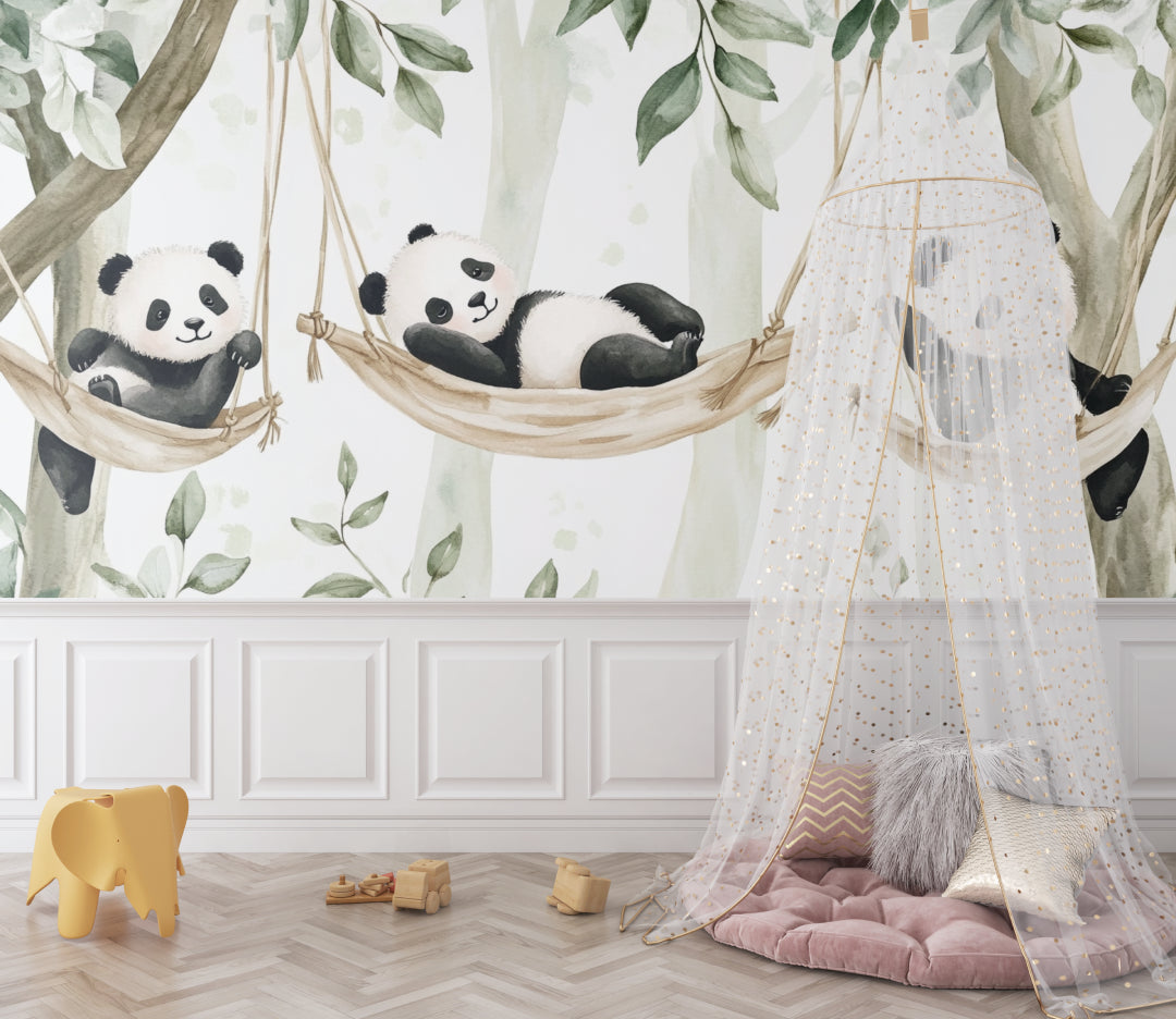 Kids bedroom showing panda wallpaper mural in daylight and natural setting