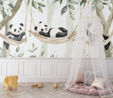 Kids bedroom showing panda wallpaper mural in daylight and natural setting