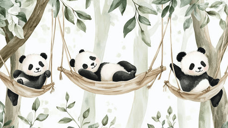 Panda wallpaper design file showing detailed watercolor pandas in hammocks with green leaves pattern