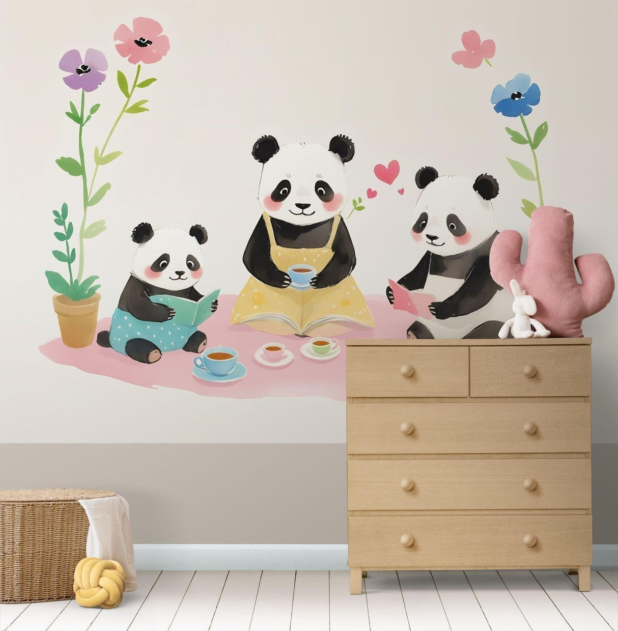 Panda tea party wallpaper brings charm to a cozy nursery with soft pink and mint green accents