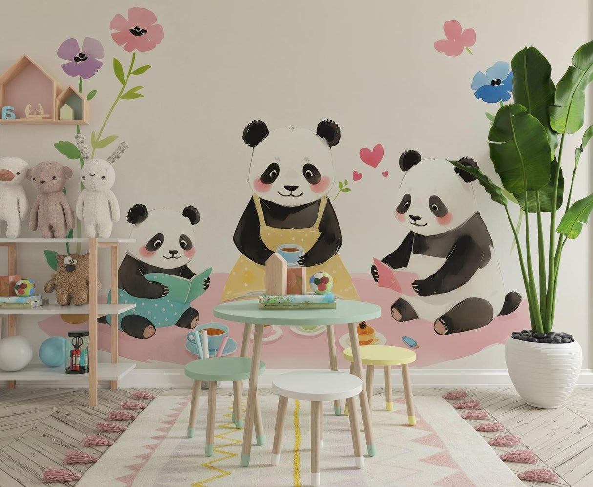 Sweet panda mural transforms a reading nook into a magical story corner