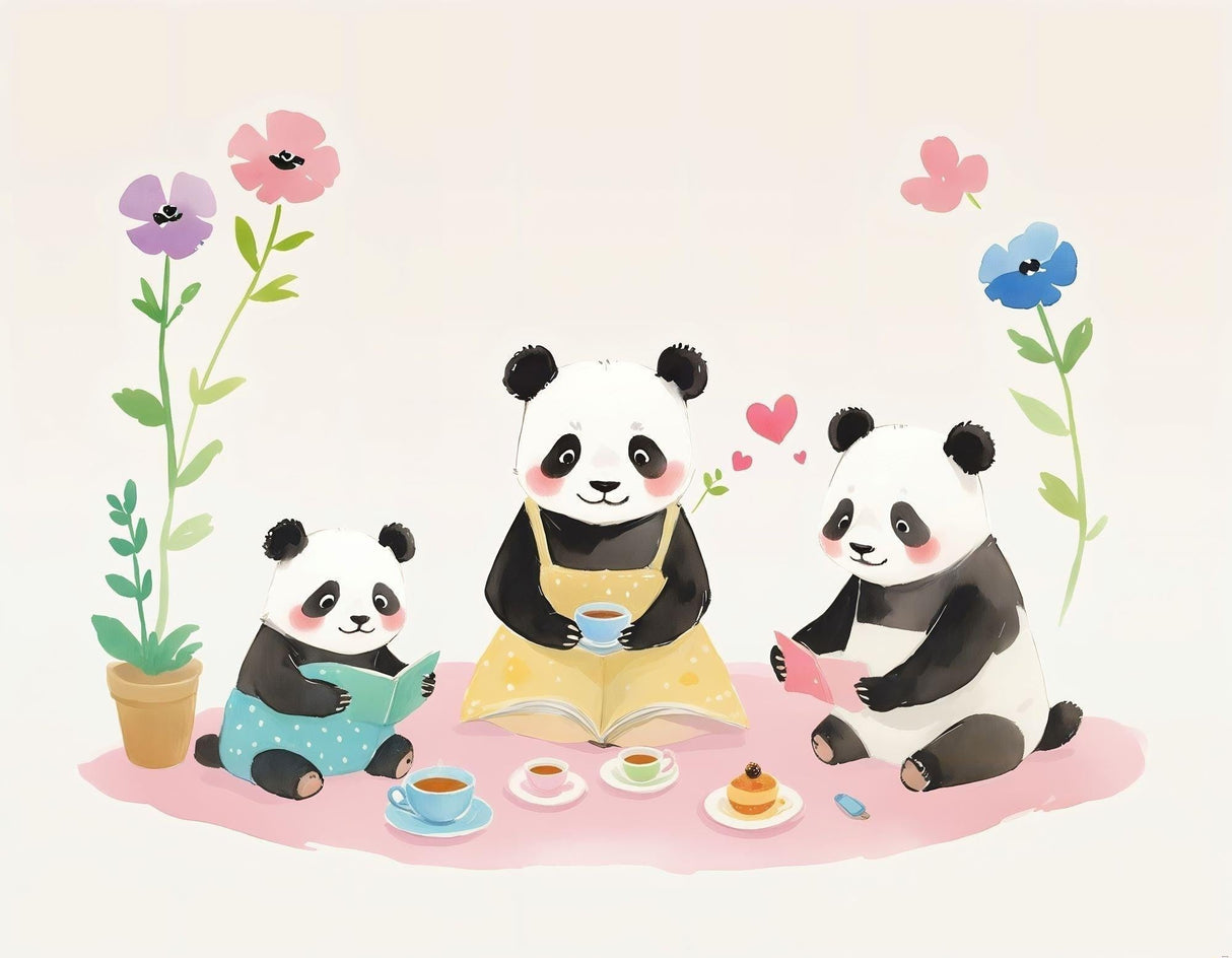 Panda tea time design file featuring adorable pandas in pastel dresses having tea