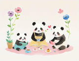 Panda tea time design file featuring adorable pandas in pastel dresses having tea