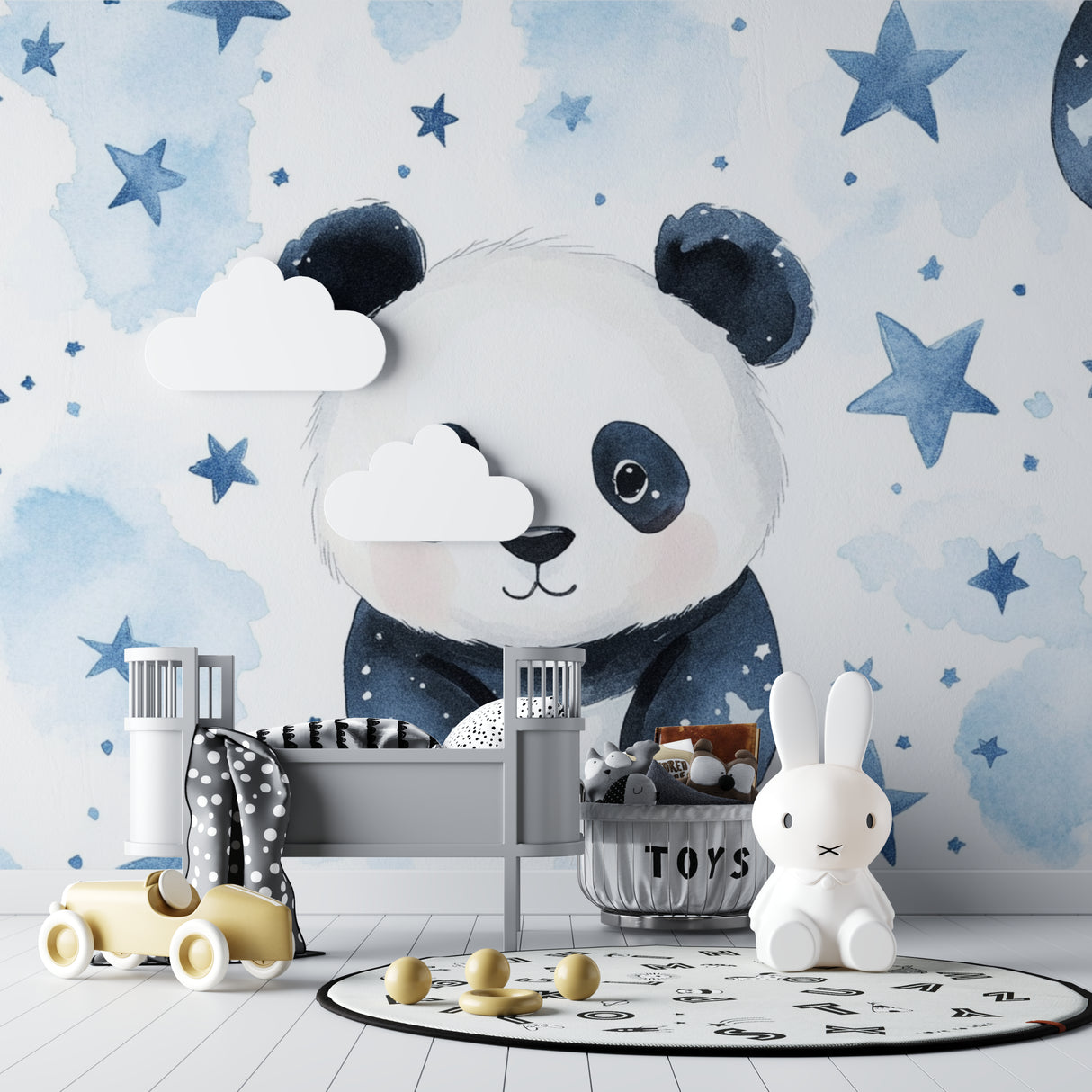 Child's bedroom showing full wall panda mural installation