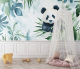 Tropical panda wallpaper creating calm atmosphere in kids playroom