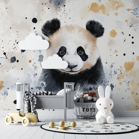 Panda watercolor wallpaper in modern nursery with soft lighting and natural decor