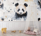 Black and white panda mural creating focal point in minimalist living room