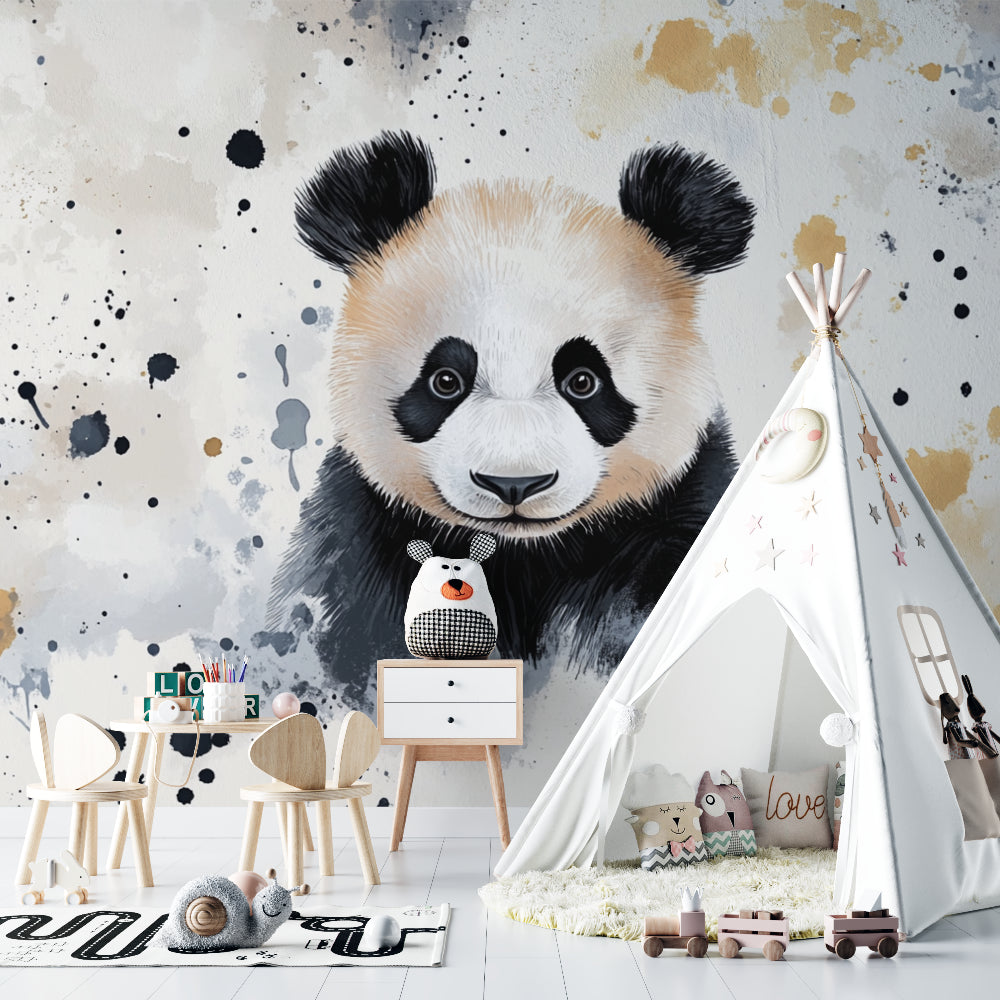 Abstract panda wall mural in home office with contemporary furniture