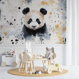 Panda mural wallpaper adding character to reading nook with cozy seating