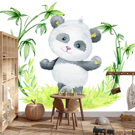 Panda wallpaper mural styled in a modern nursery with white furniture