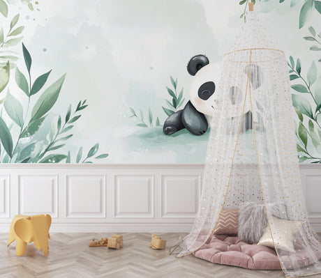 Panda wallpaper mural in a cozy nursery with rocking chair and soft lighting