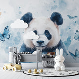 Panda bear wallpaper design showcased in a minimalist kids bedroom